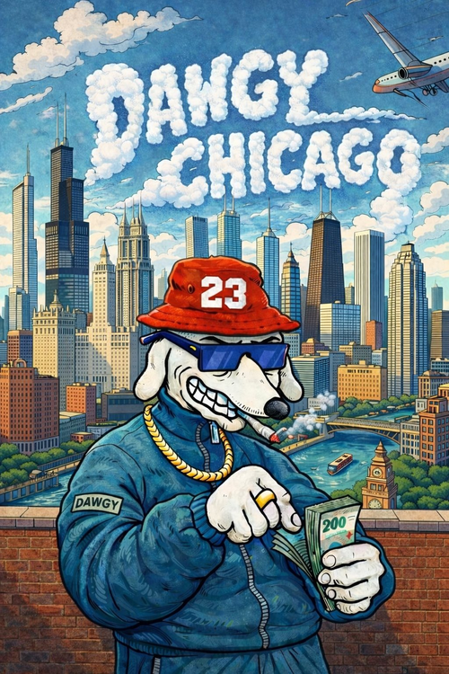 Cartoon dog character with a cityscape background labeled 'Dawgy Chicago'.